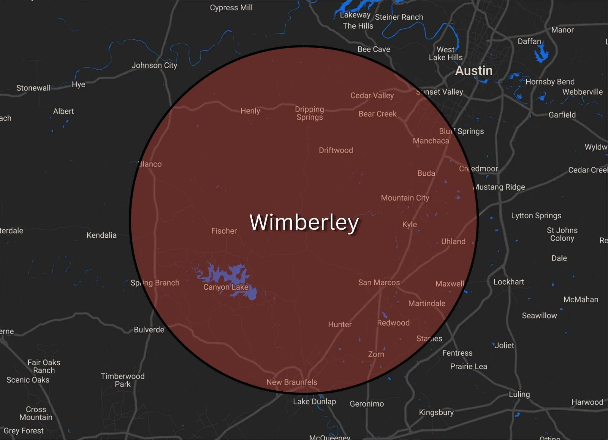 Map of RedLine's 20-mile service radius centered on Wimberley, Texas, covering Dripping Springs, San Marcos, Kyle, Buda, and Driftwood