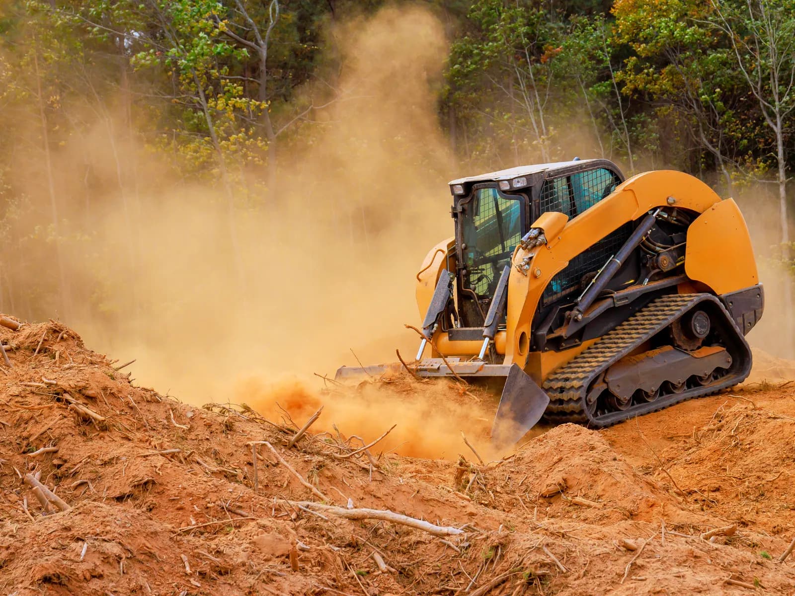 Tracked skid steer loader clearing land and brush in a wooded Hill Country lot