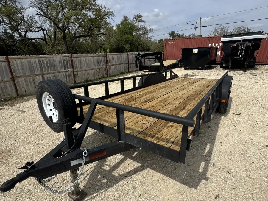 20-foot flatbed utility trailer with wood deck on the RedLine rental yard